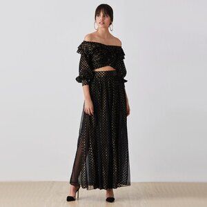 NWT Rococo Sand black & gold polka dot stripe semi-sheer crop top
